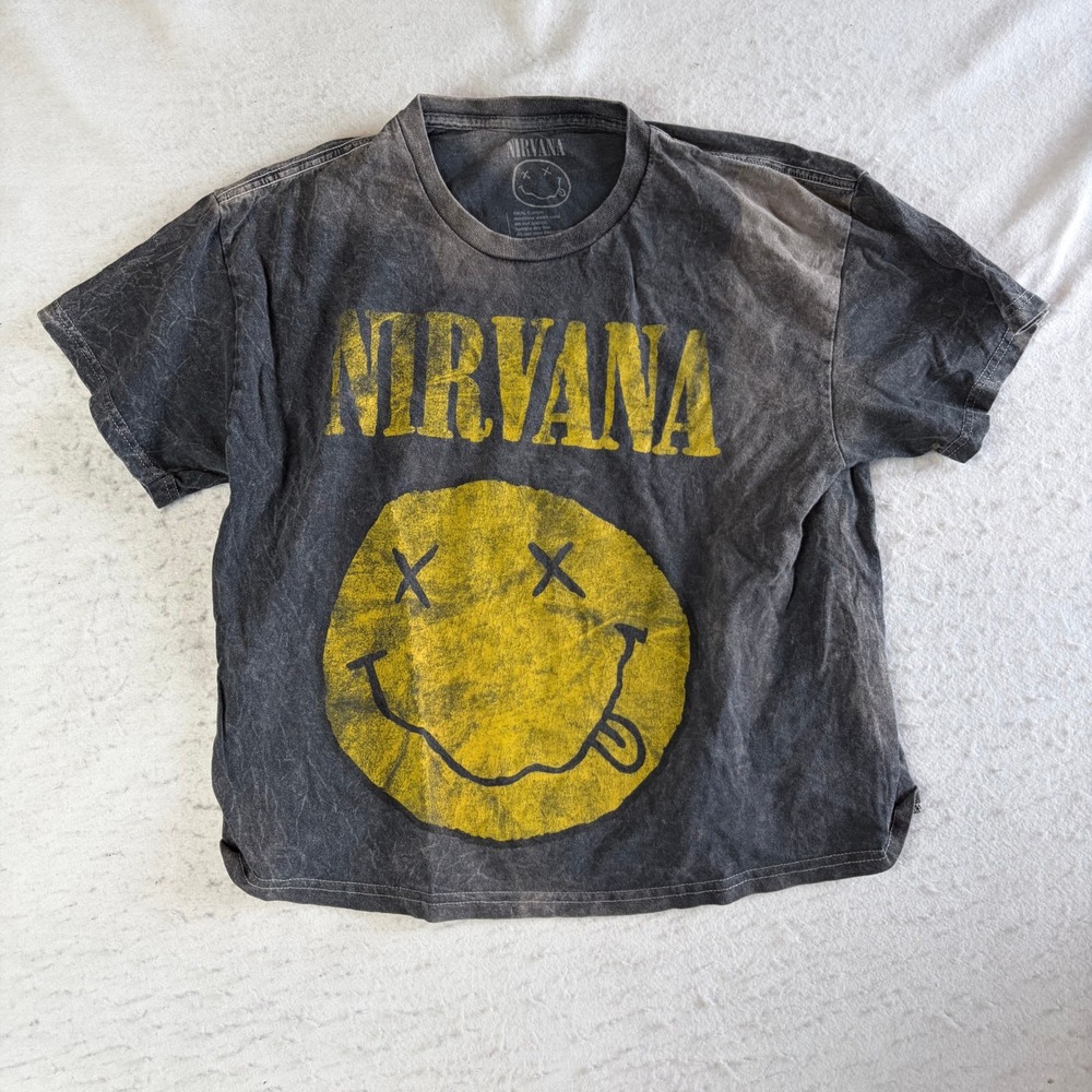 Nirvana Graphic T-Shirt Mens Large Black Acid Wash Smiley Face Band Tee